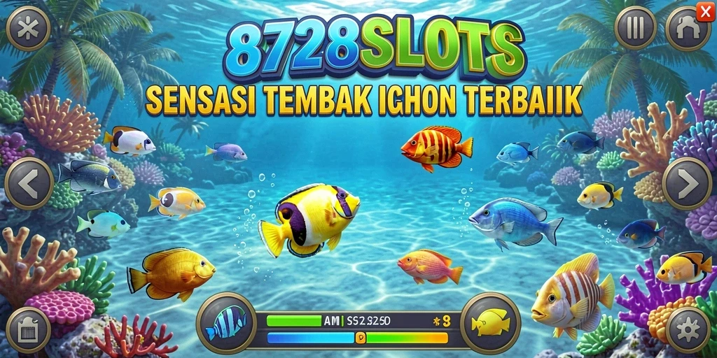 Screenshot gameplay 8728SLOTS menampilkan aksi menembak ikan yang menegangkan.