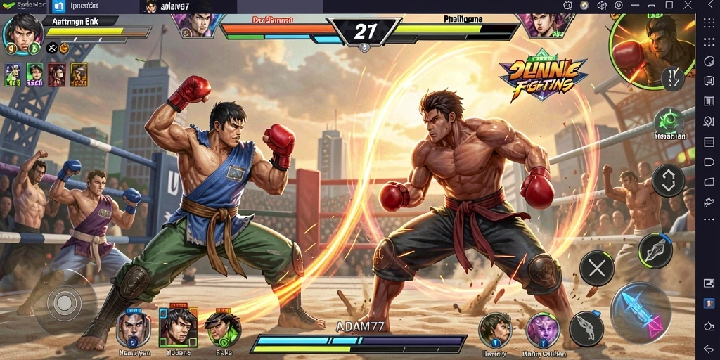 Tampilan gameplay ADAM77 dengan karakter Fighting yang menampilkan aksi seru.