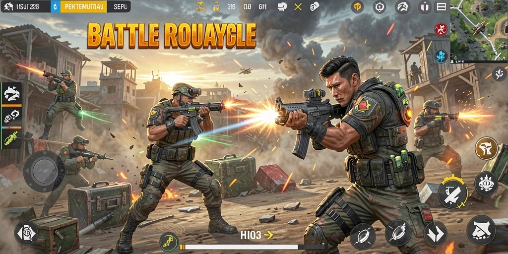 Tampilan aksi seru dalam permainan Battle Royale H03.