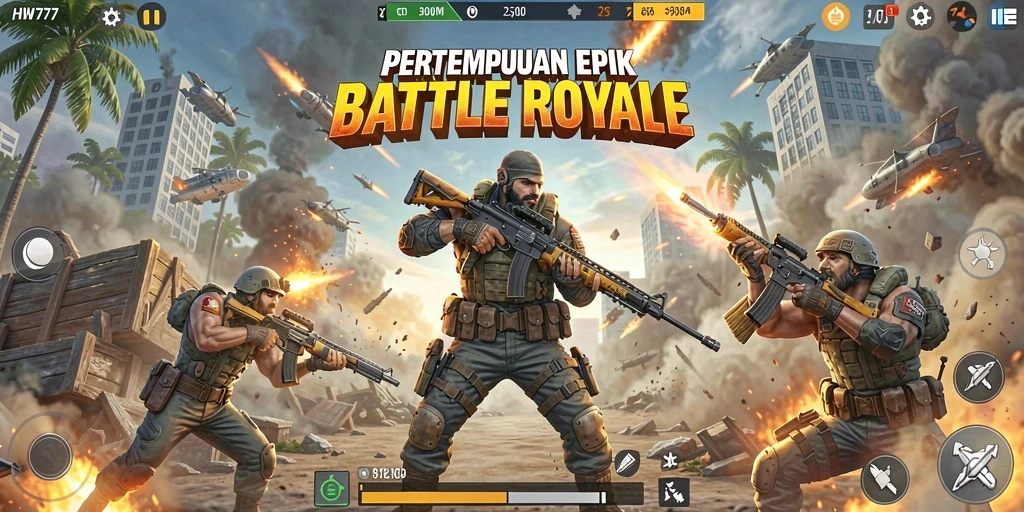 Screenshot utama HW777 menampilkan aksi pertempuran Battle Royale yang seru.