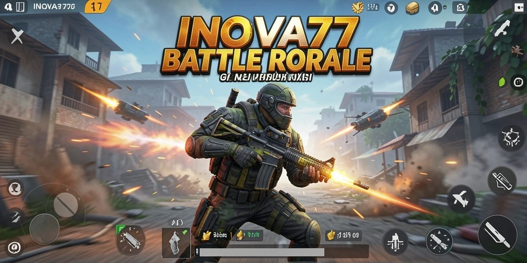 Screenshot INOVA77 menunjukkan pertempuran intens dalam permainan Battle Royale.