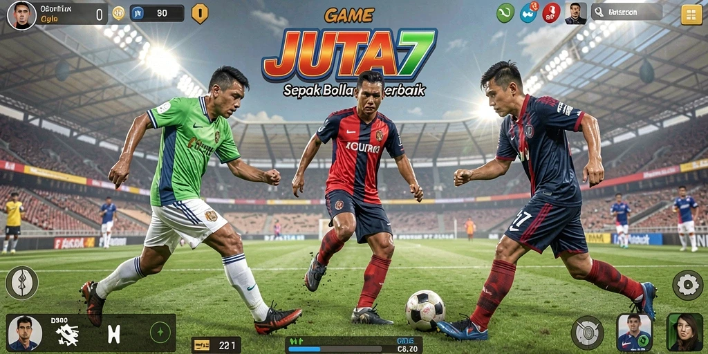Tampilan gameplay JUTA7 dengan aksi sepak bola intens.