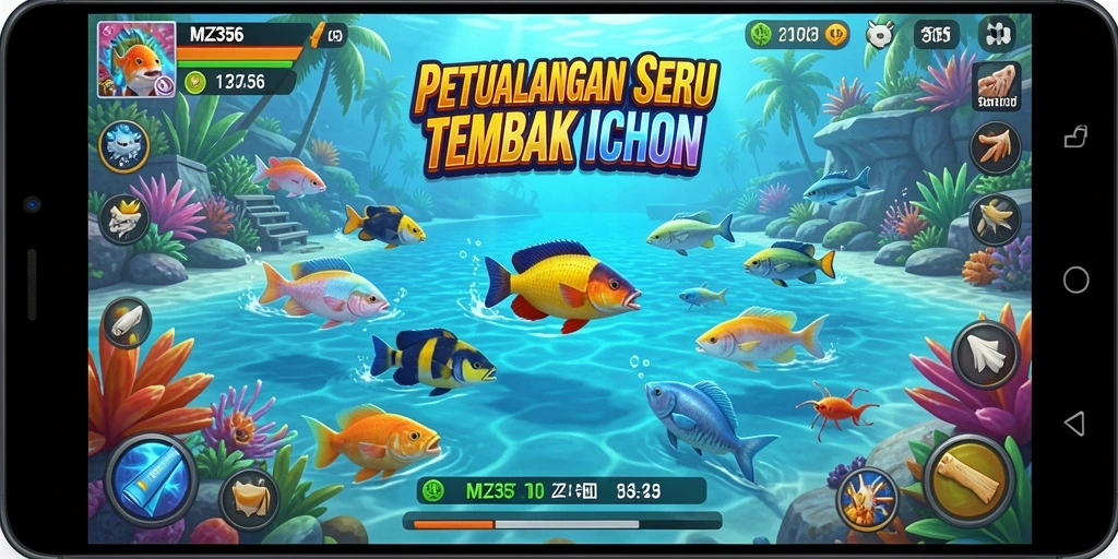Screenshot gameplay MZ356 yang menunjukkan aksi memancing seru.