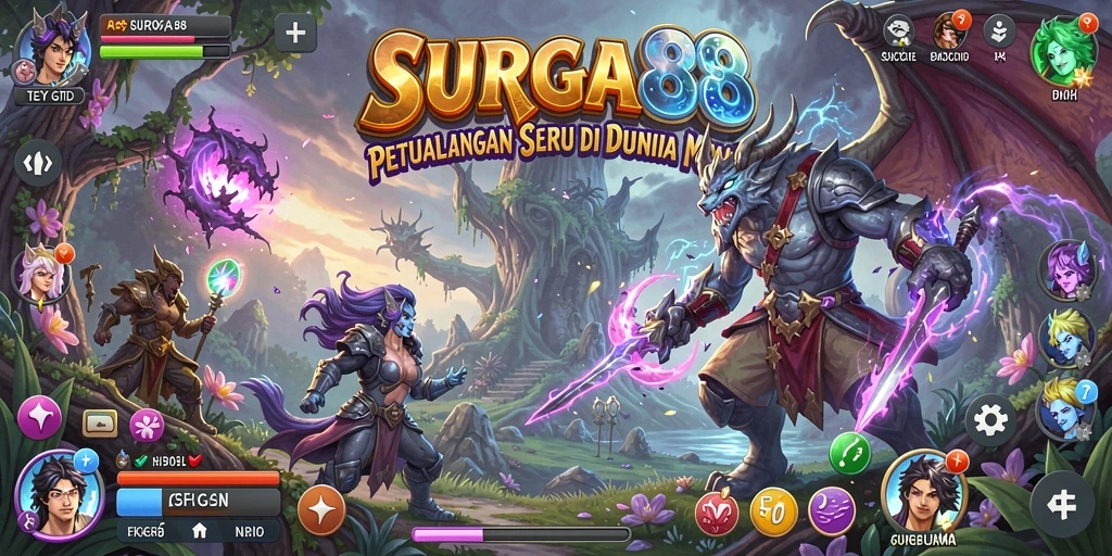 Tampilan gameplay SURGA88 yang menakjubkan dengan karakter petualang.